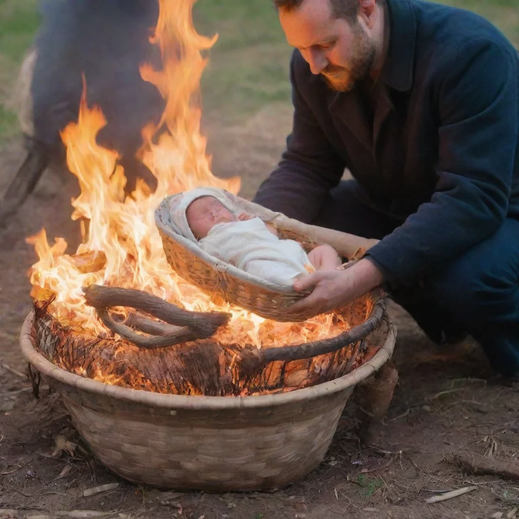aiartstation art man setting a newborn baby in a moses basket on fire on a bonfire confident engaging wow 3
