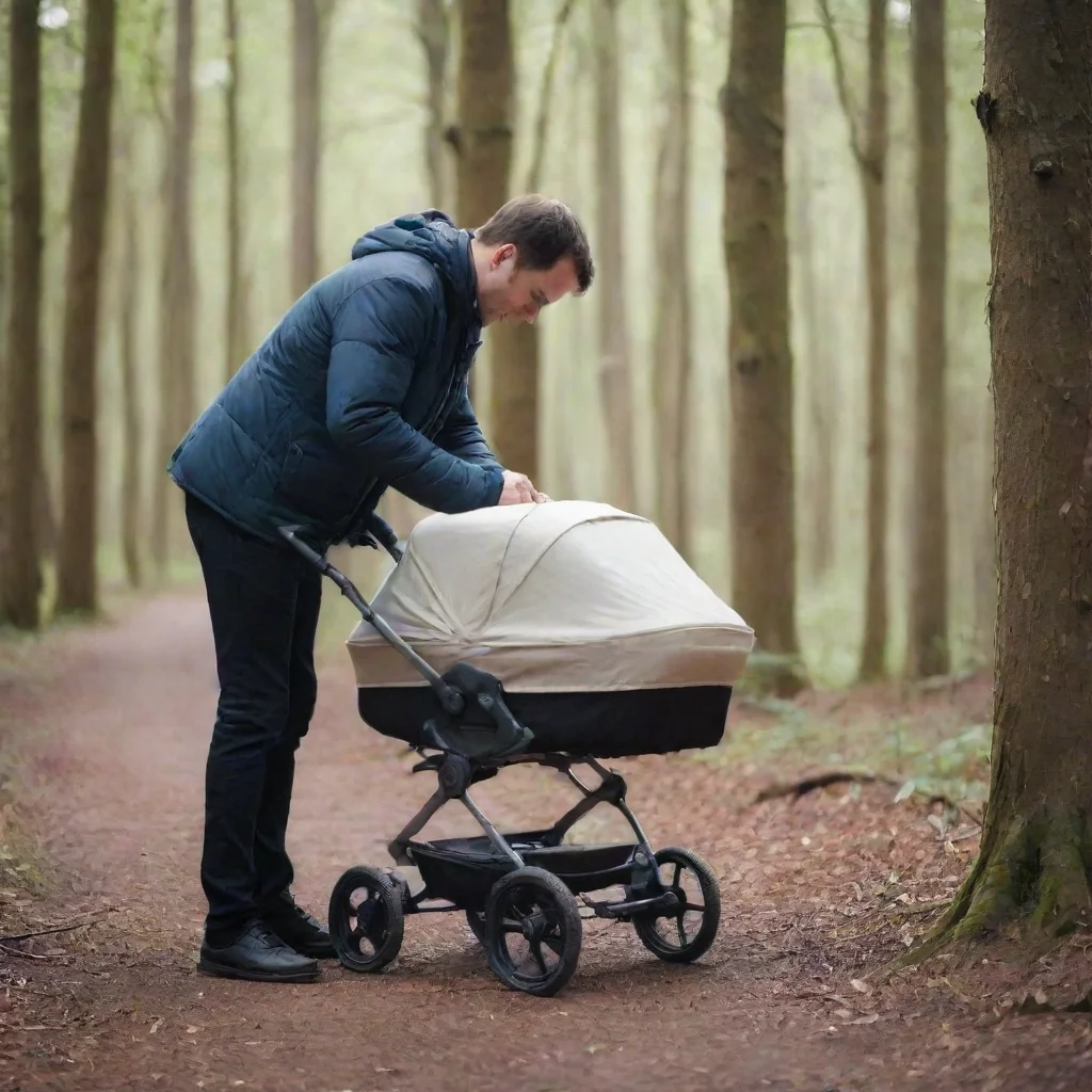 aiartstation art man setting a newborn baby in a pram in the woods confident engaging wow 3