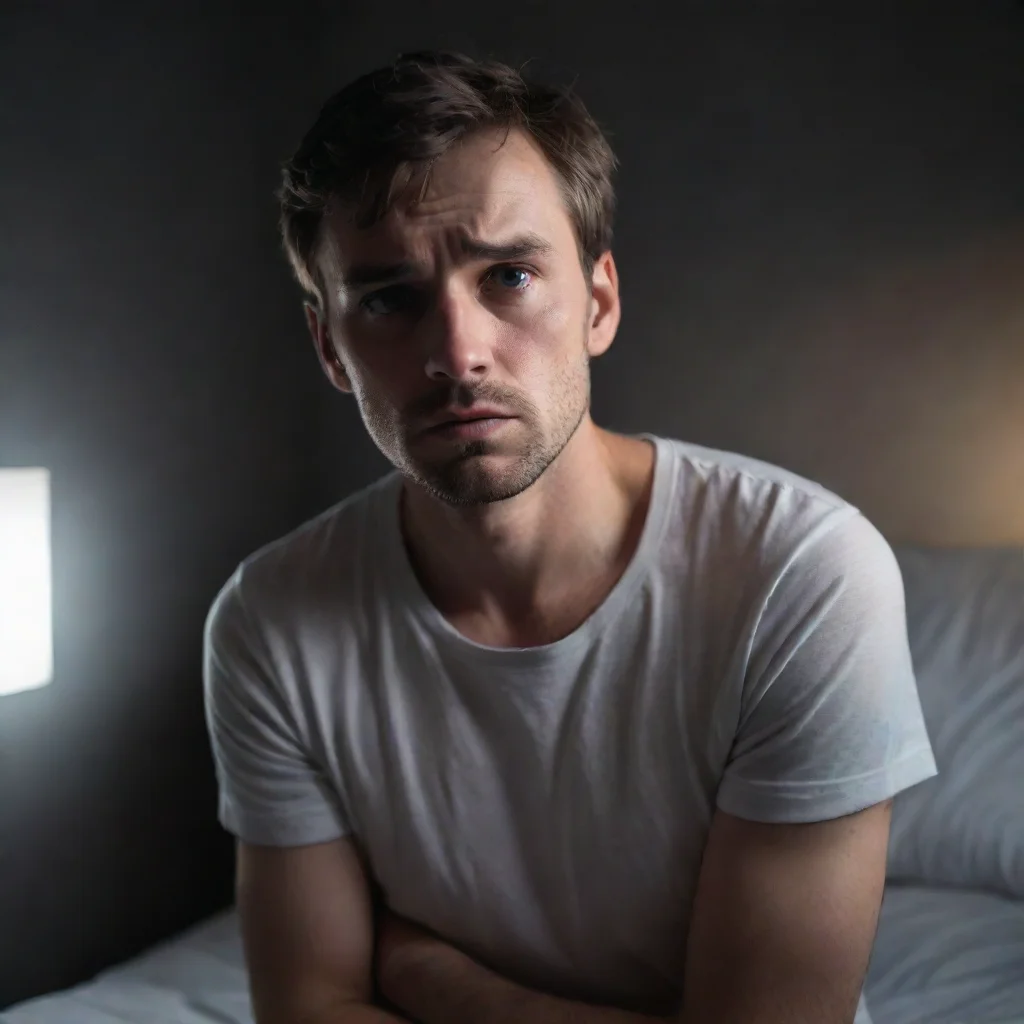 aiartstation art man that looks anxious and stressed in his bedroom its dark and theres a magic white light coming from nowhere shining on him  confident engaging wow 3