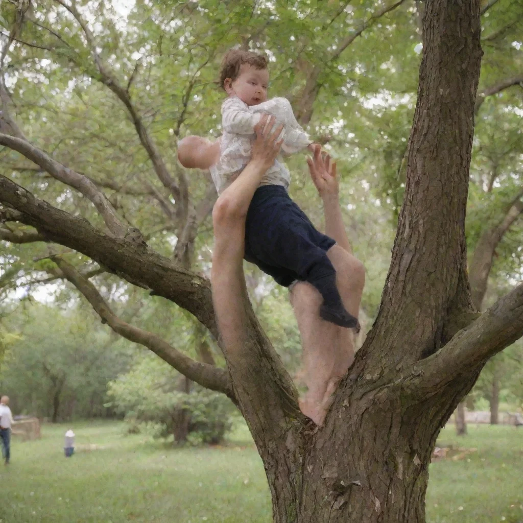 aiartstation art man throwing newborn baby up a tree confident engaging wow 3