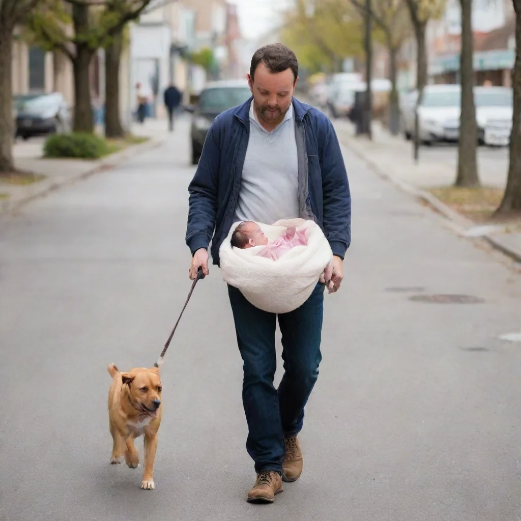 aiartstation art man walking a newborn baby like a dog confident engaging wow 3
