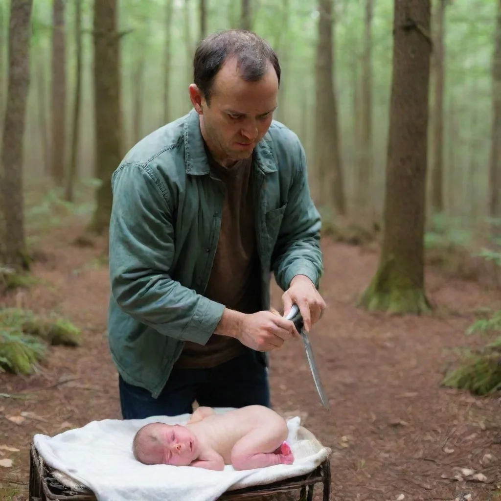 aiartstation art man with a knife behind a newborn baby in the woods confident engaging wow 3