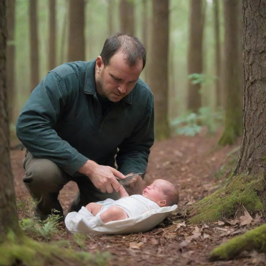 aiartstation art man with knife behind a newborn baby in the woods confident engaging wow 3