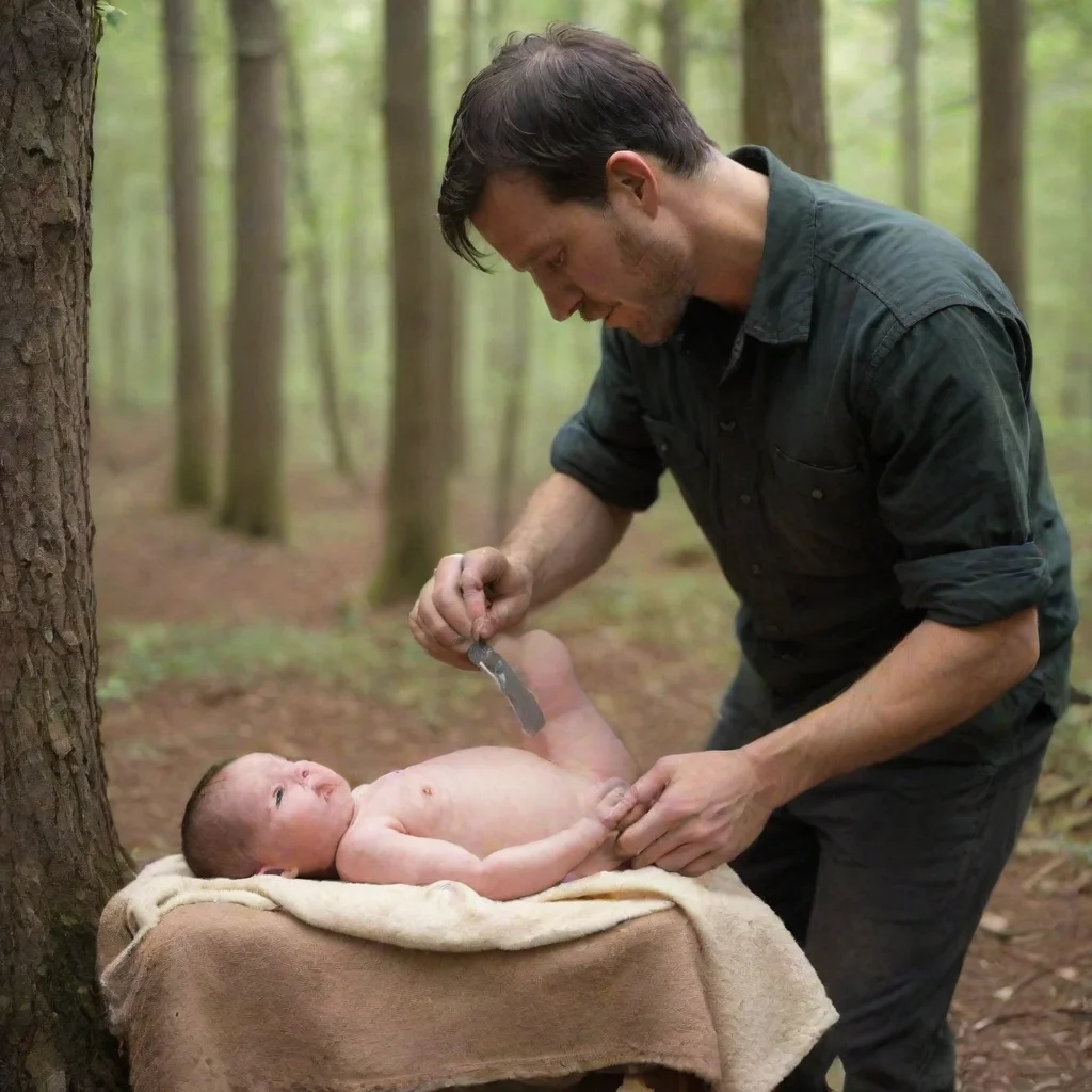 aiartstation art man with knife cutting a newborn baby in the woods confident engaging wow 3