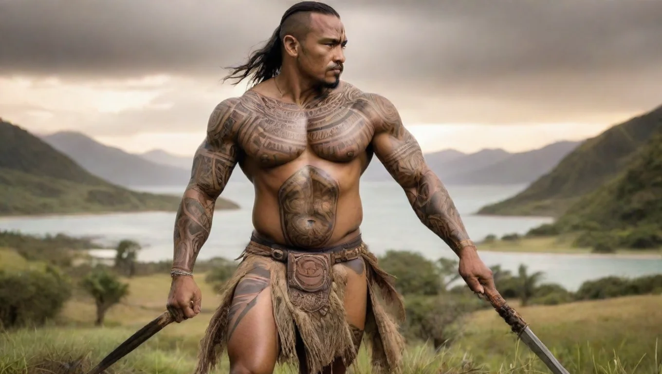 aiartstation art maori warrior pacific islander tatoos sweeping landscape confident engaging wow 3 widescreen