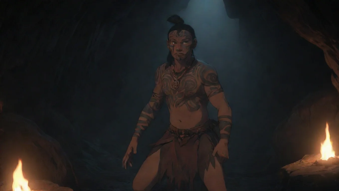 artstation art maori warror in torchlit cave hd ghibli anime aesthetic dark horror 1800 vibe  confident engaging wow 3 widescreen