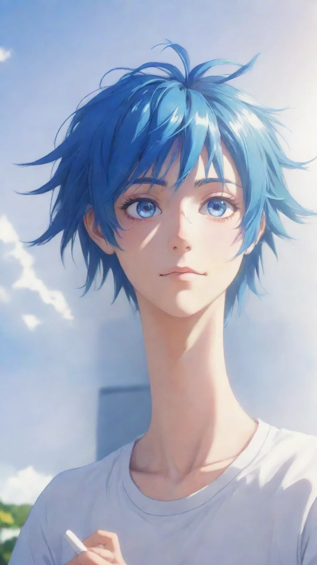 artstation art math sunlight simple anime boy blue hair bright blue eyes confident engaging wow 3 tall
