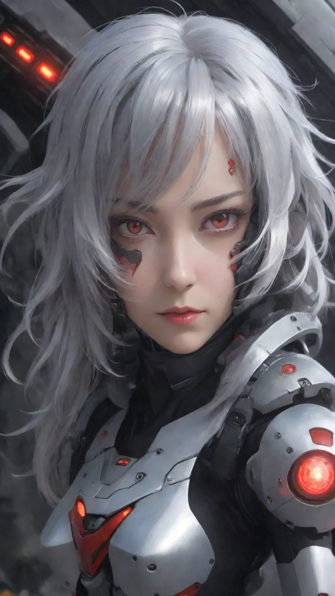aiartstation art mecha pilot girl crimson eyes silver hair spaceship background confident engaging wow 3 tall