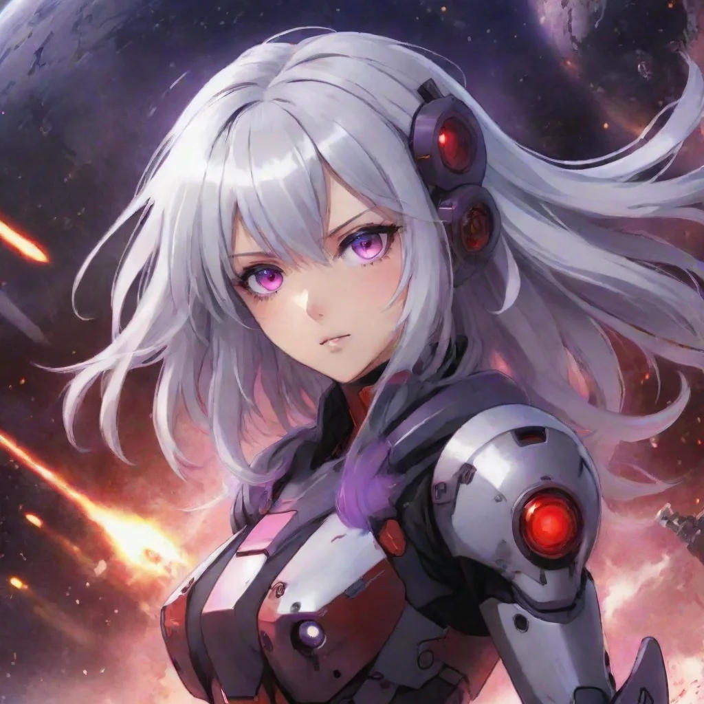 artstation art mecha pilot red purple eyes silver hair anime space background explosions confident engaging wow 3