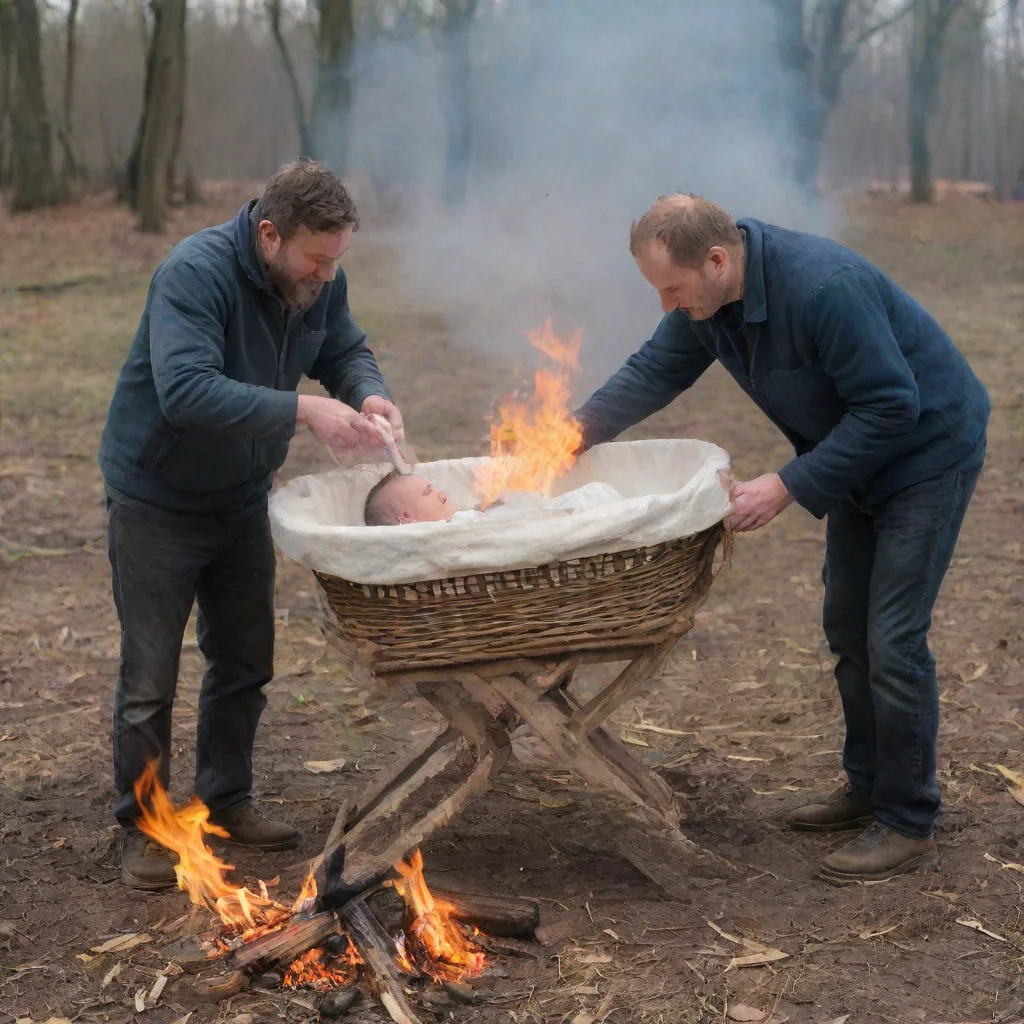 aiartstation art men putting a newborn baby in a moses basket on a bonfire confident engaging wow 3