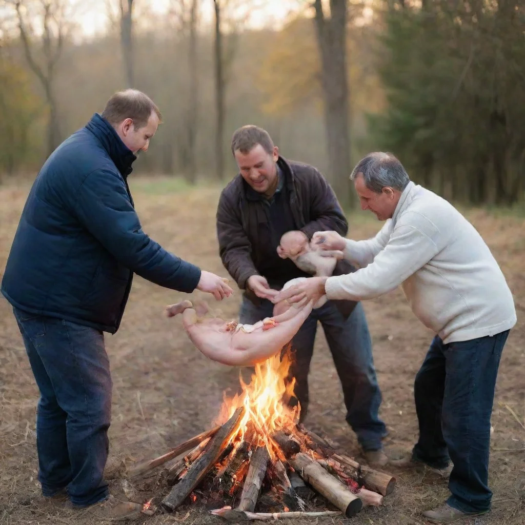 aiartstation art men putting a newborn baby on a bonfire confident engaging wow 3
