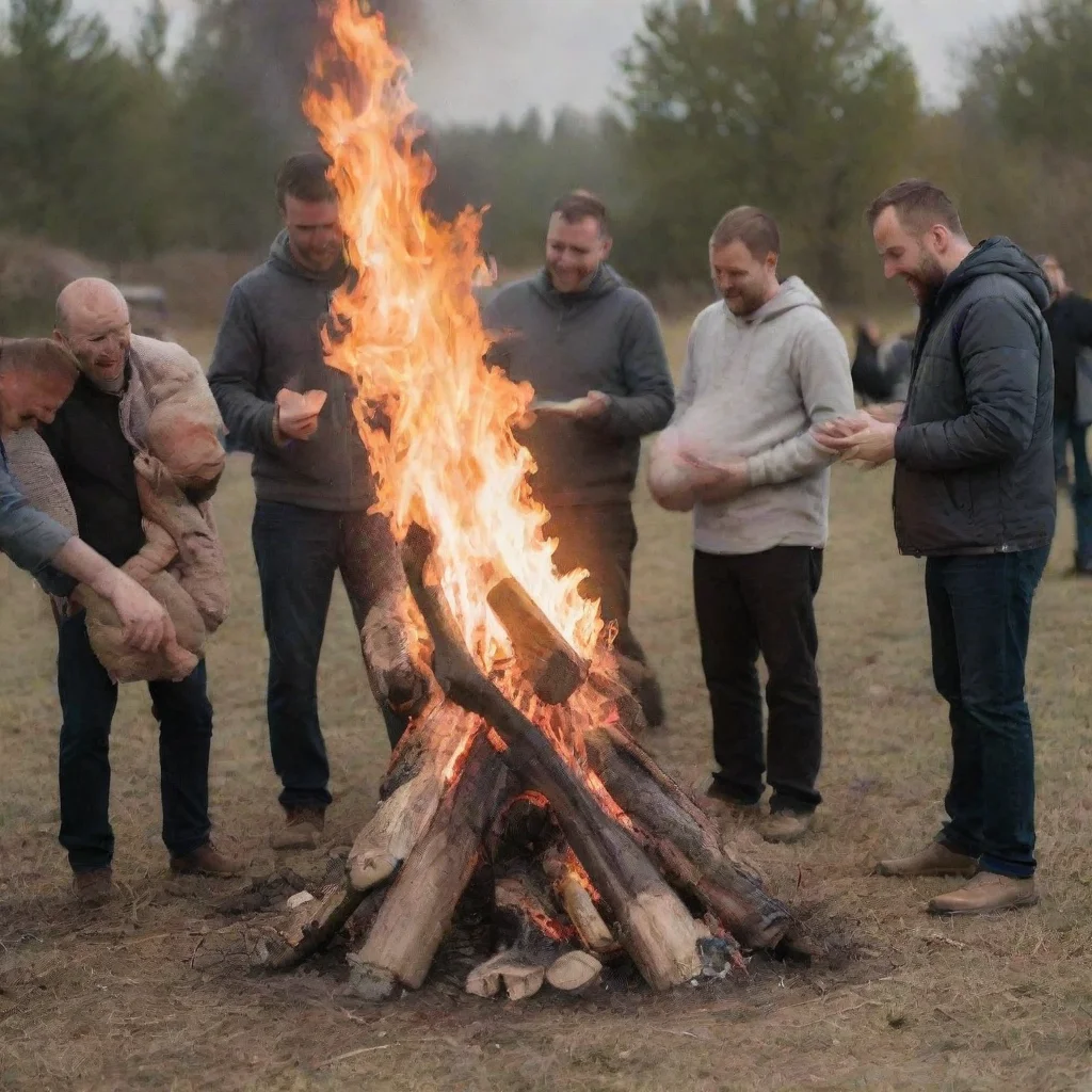aiartstation art men putting a newborn baby on a bonfire while other people laugh confident engaging wow 3