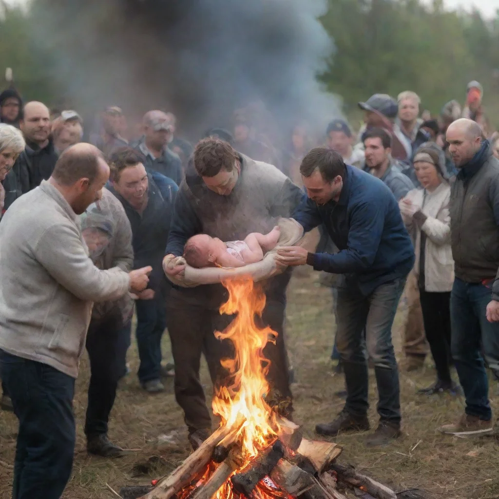 aiartstation art men putting a newborn baby on a bonfire while other people watch confident engaging wow 3