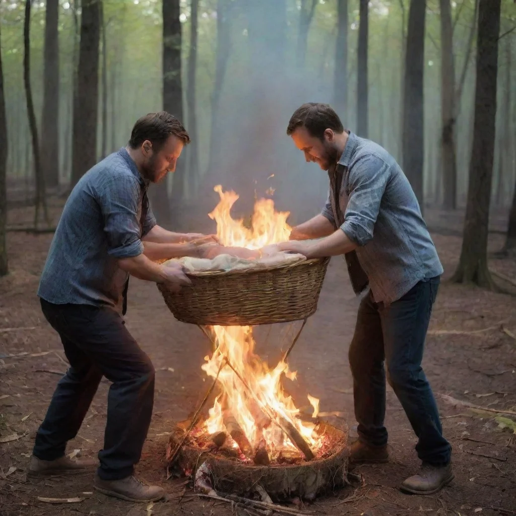 aiartstation art men setting a newborn baby in a moses basket in the woods on fire confident engaging wow 3