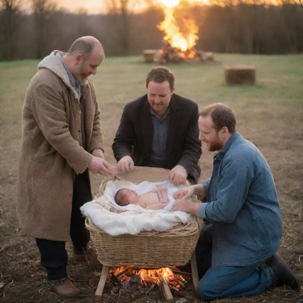artstation art men setting a newborn baby in a moses basket on a bonfire confident engaging wow 3