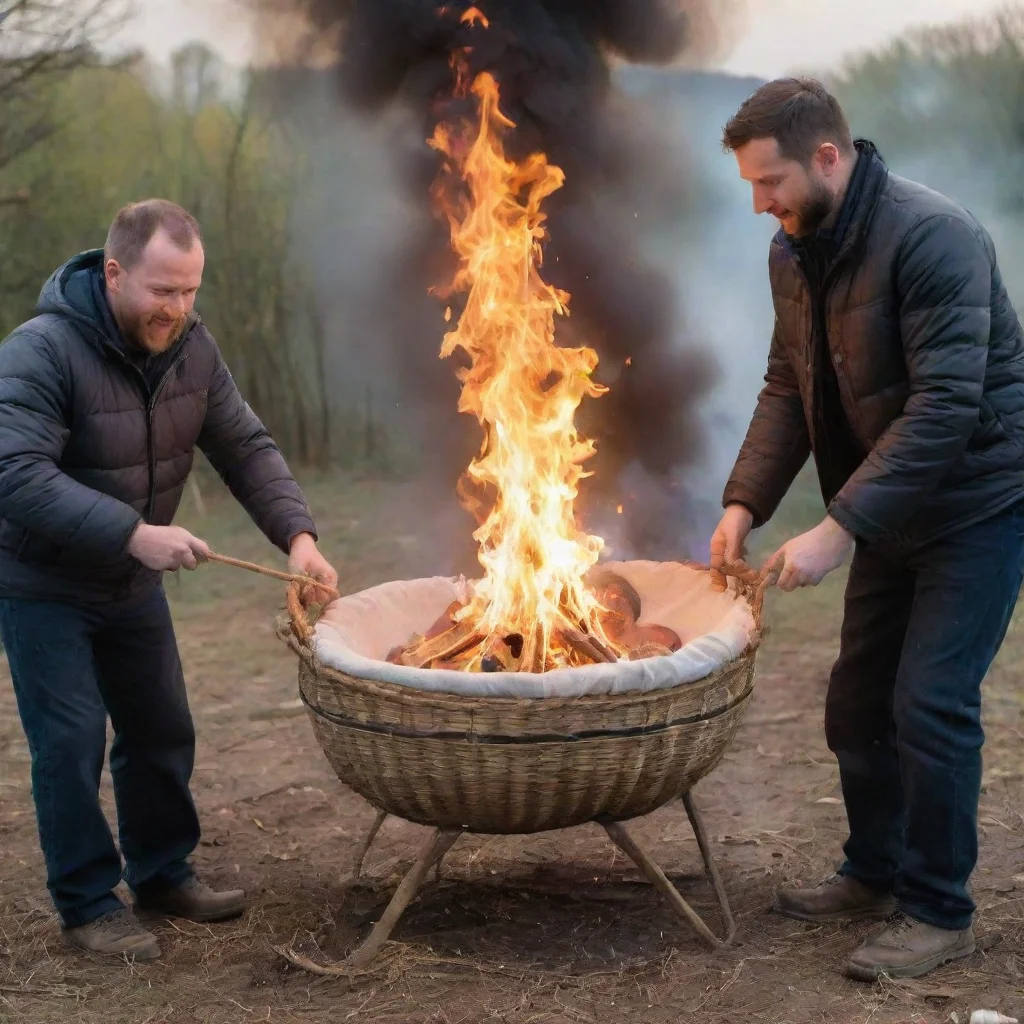 aiartstation art men setting a newborn baby in a moses basket on fire on a bonfire confident engaging wow 3