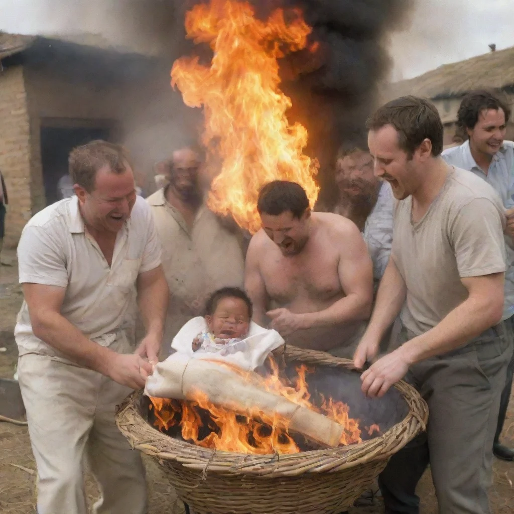 artstation art men setting a newborn baby in a moses basket on fire while other people laugh confident engaging wow 3
