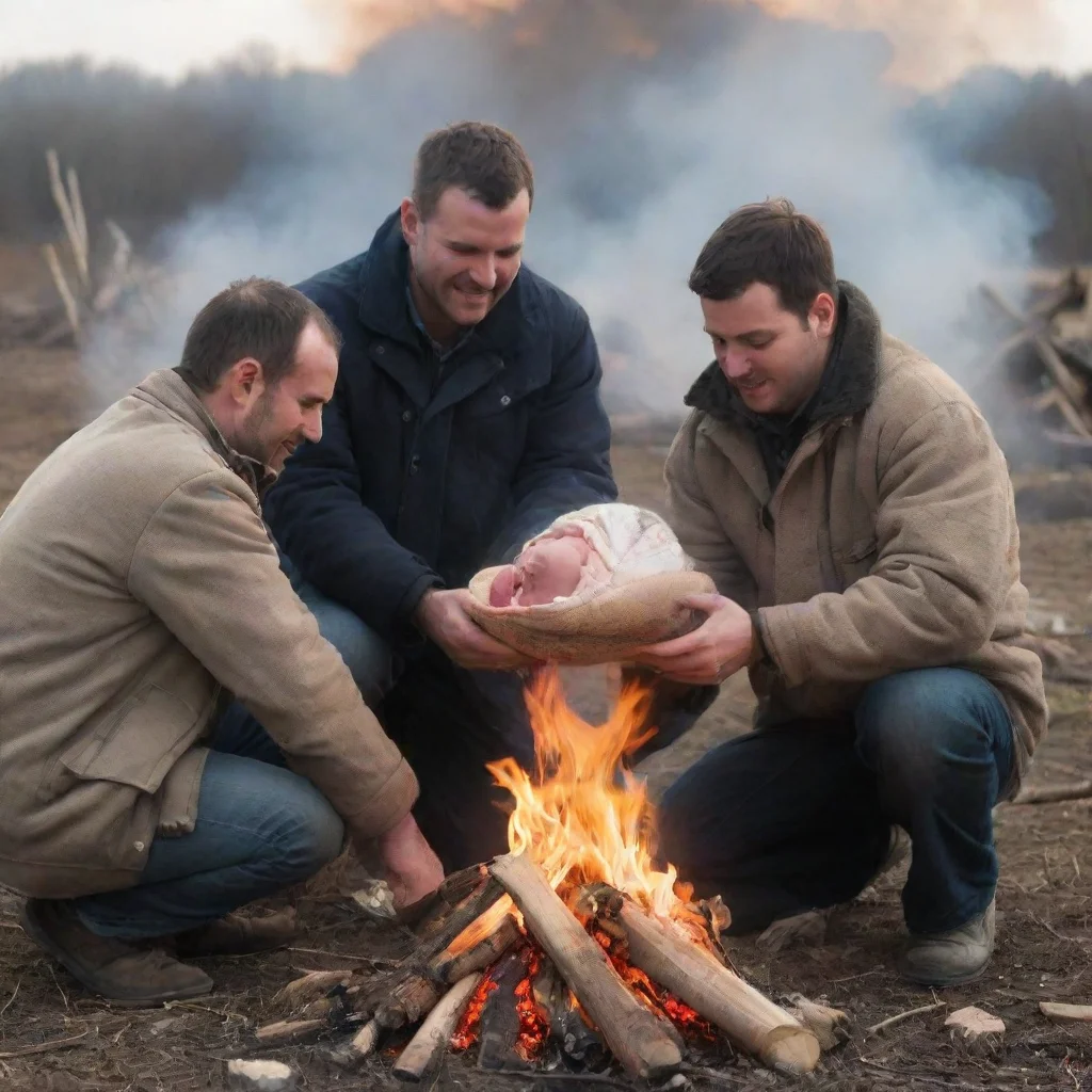 aiartstation art men setting a newborn baby on a bonfire confident engaging wow 3