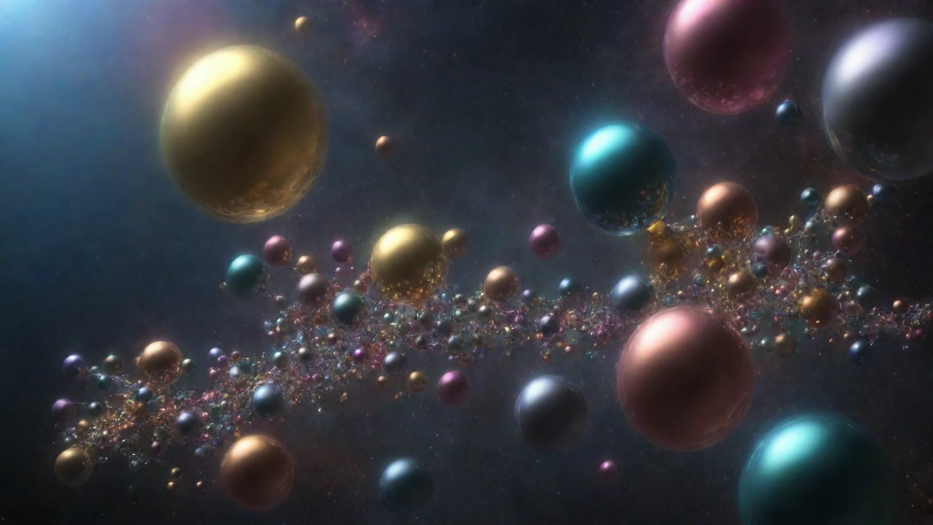 aiartstation art metallic multicolored spheres distributed in space and linked by irridescent tubes. confident engaging wow 3 wide
