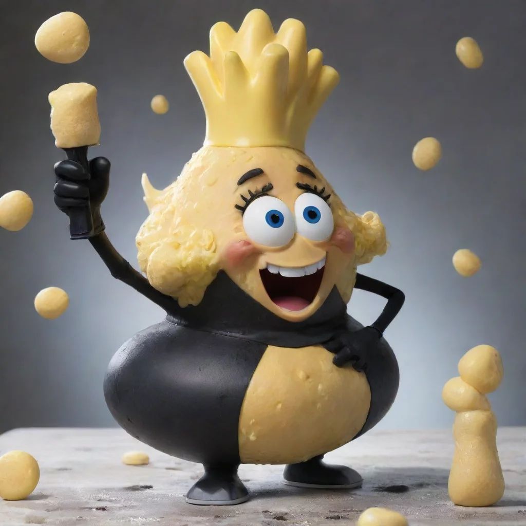 aiartstation art mrs. puff smiling with black deluxe nitrile gloves and gun and mayonnaise splattered everywhere confident engaging wow 3