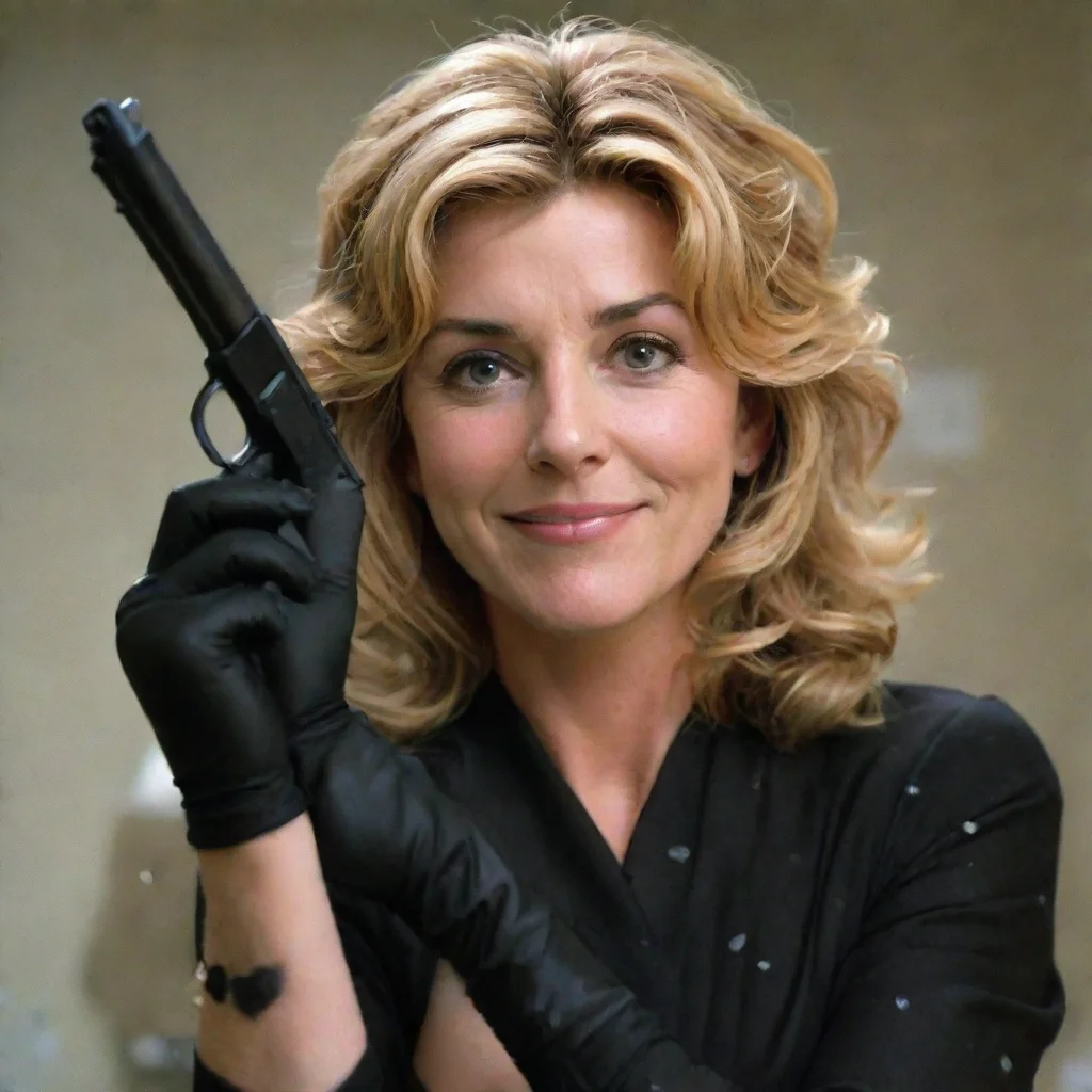 aiartstation art natasha richardson smiling  with black nitrile gloves and gun and mayonnaise splattered everywhere confident engaging wow 3