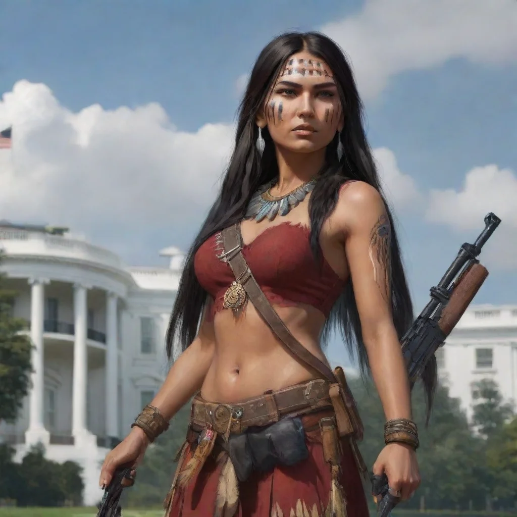 artstation art native american apache lady holding an ak47 taking over the white house. confident engaging wow 3