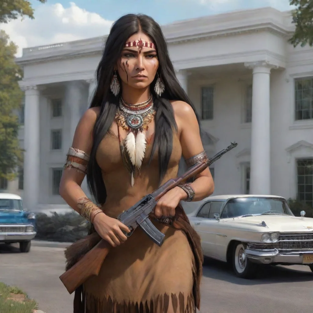 aiartstation art native american apache lady holding an ak47 taking over the white house. smoking a blunt. with a 1959 cadillac in the driveway. confident engaging wow 3