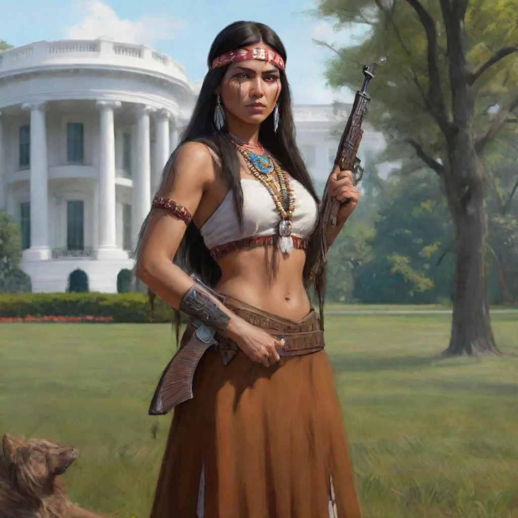 aiartstation art native american apache lady holding an ak47 to a kkk member on the white house lawn. confident engaging wow 3