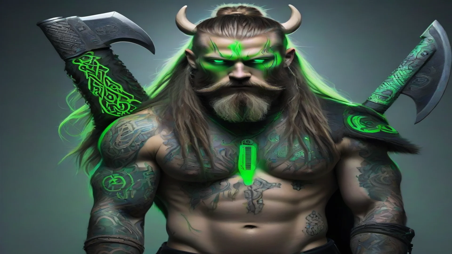 aiartstation art neon tattooed cyberpunk viking double axe wild beard long hair matrix green confident engaging wow 3 wide
