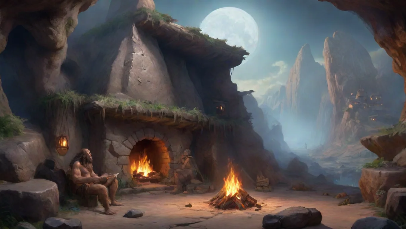 aiartstation art new world fantasy caveman times fireplace with interesting hutts trading town nice environment creasent moon on planet earth cave man doco confident engaging wow 3 widescreen