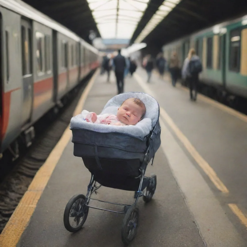 aiartstation art newborn baby in a buggy on a train platform confident engaging wow 3