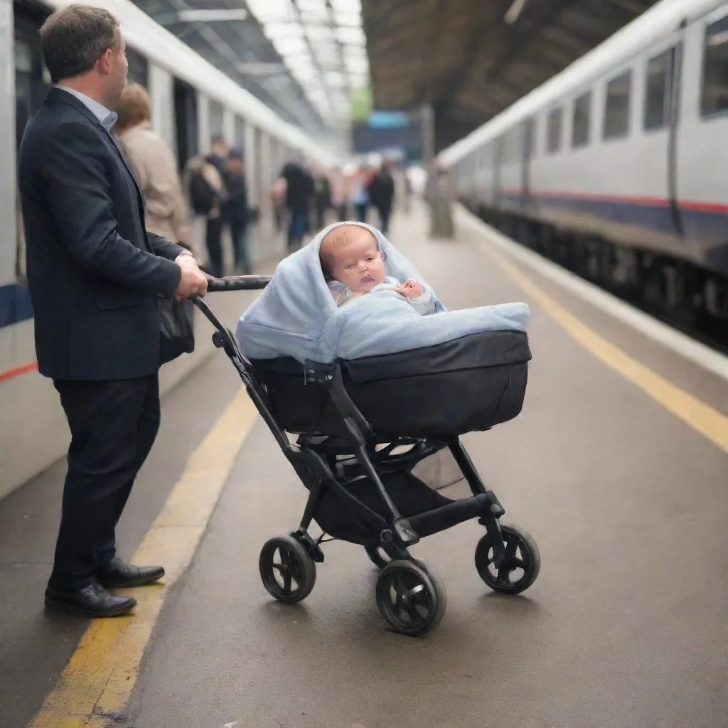 aiartstation art newborn baby in a pram on a train platform confident engaging wow 3