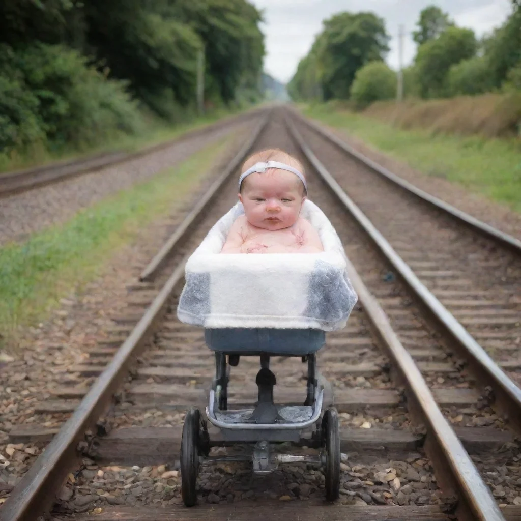 aiartstation art newborn baby in a pram on a train track confident engaging wow 3