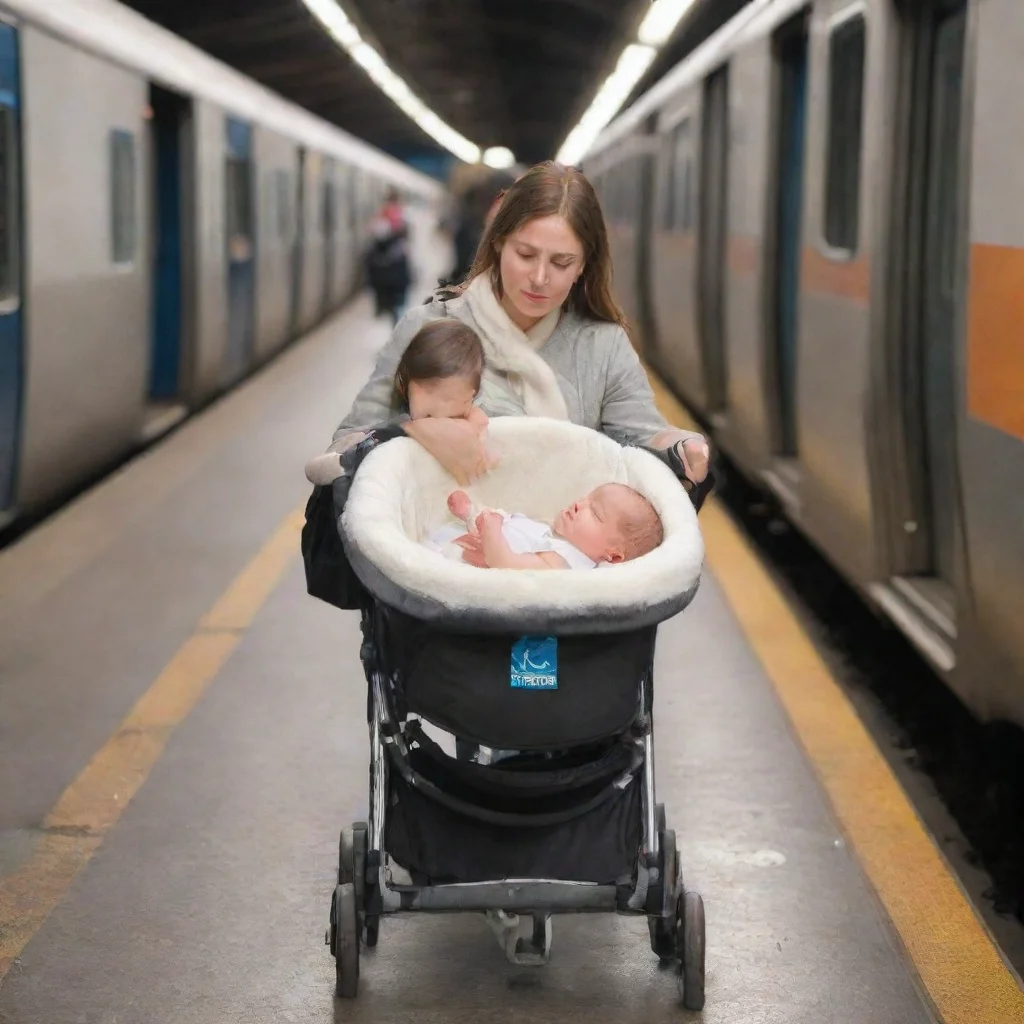 aiartstation art newborn baby in a stroller on a train platform confident engaging wow 3