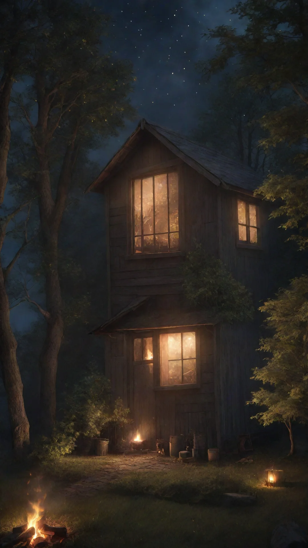aiartstation art night time shed with stars and trees with a warm glow from the windows and a smoking fire. magical and hyper realistic confident engaging wow 3 tall