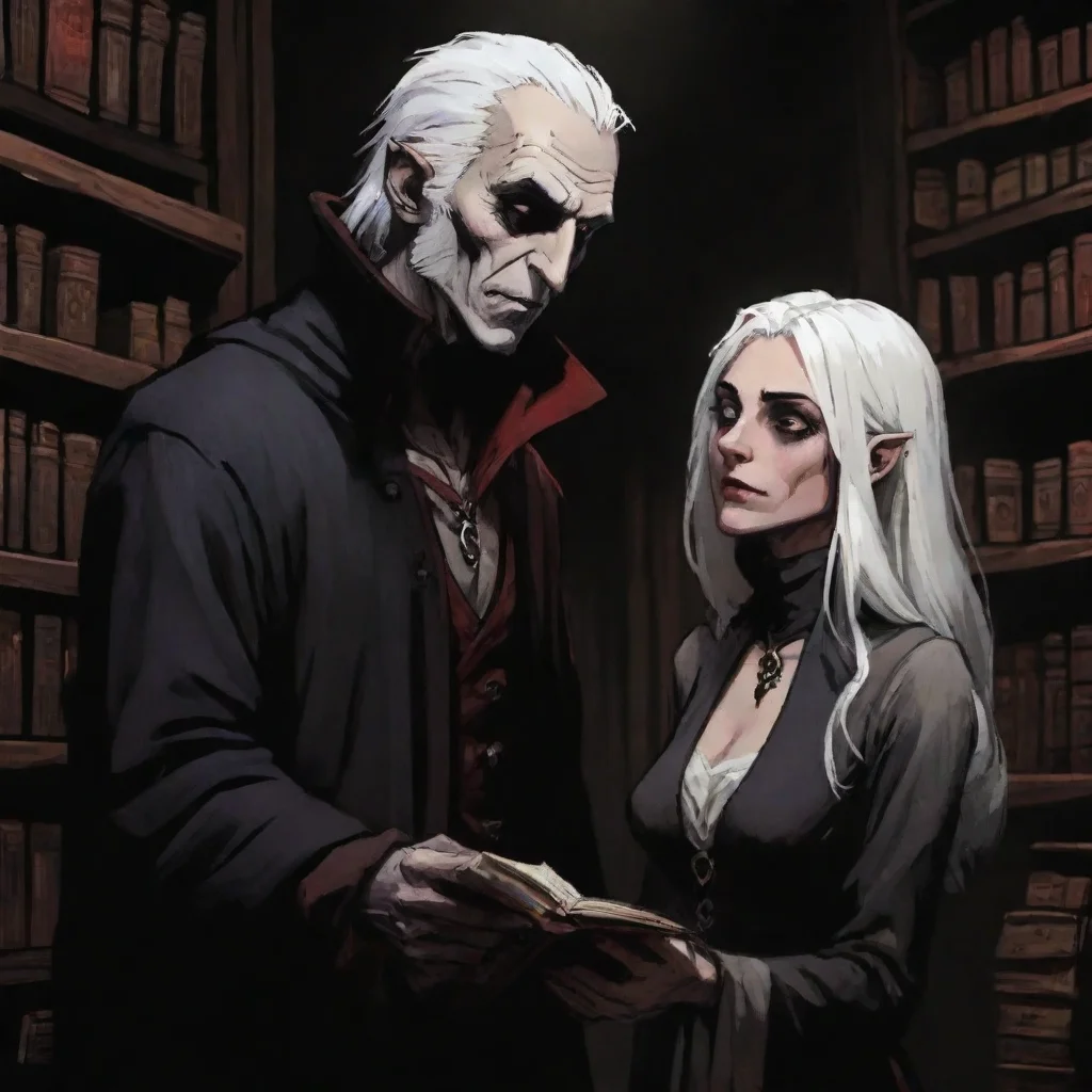 artstation art nosferatu and white haired woman in a bookstore darkest dungeon uplight confident engaging wow 3