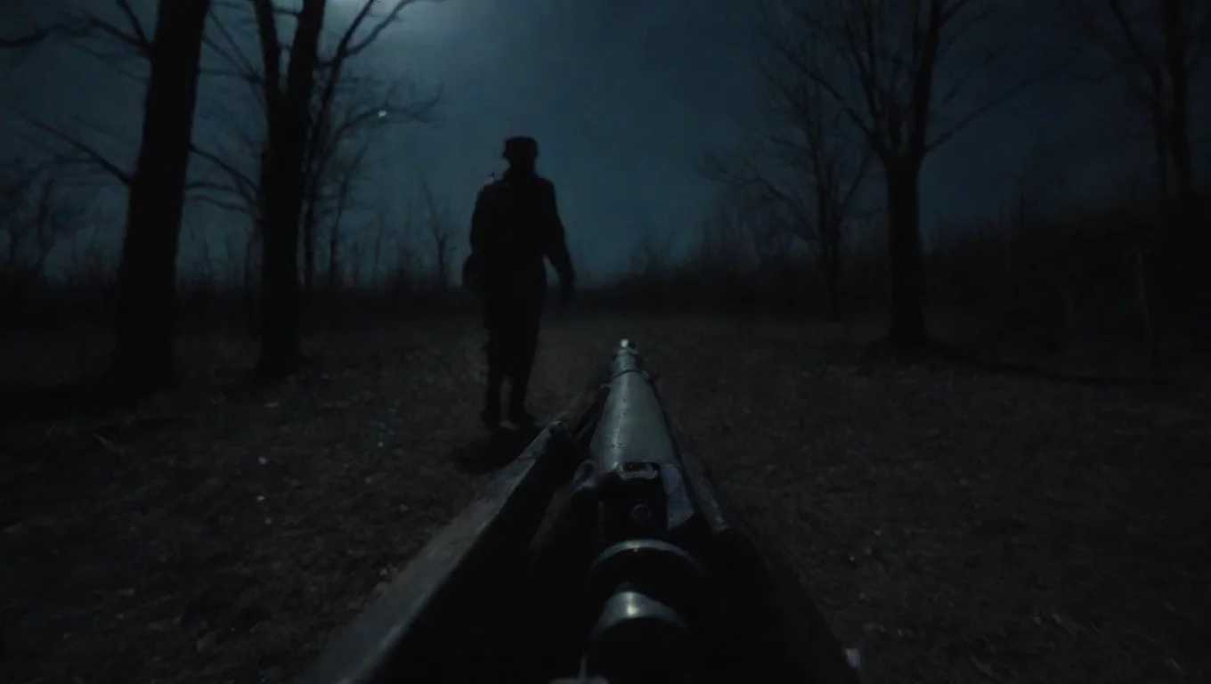 aiartstation art old 1850 soldier rifle pov first person looking at dark scary figure at night confident engaging wow 3 widescreen