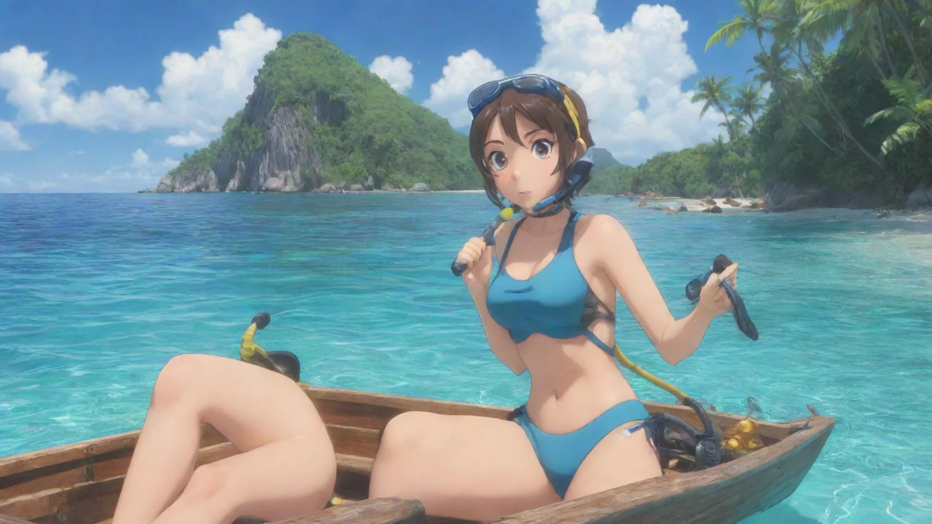 aiartstation art one anime cartoon woman sitting in a boat with snorkling equipment in their hand. you can see the tropical beach in the background confident engaging wow 3 hdwidescreen
