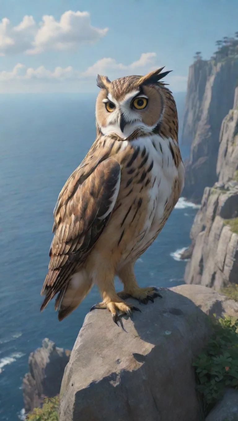 artstation art owl hd aesthetic ghibli style huge gangster owl aesthetic perching on cliffs seaside stunning best artstation top confident engaging wow 3 tall