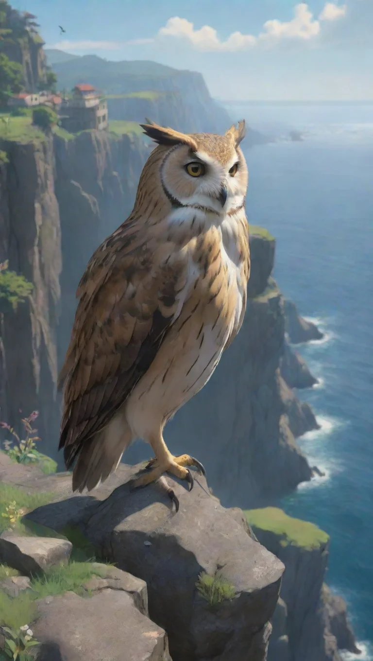 artstation art owl hd aesthetic ghibli style huge gangster own aesthetic perching on cliffs seaside stunning best artstation top confident engaging wow 3 tall