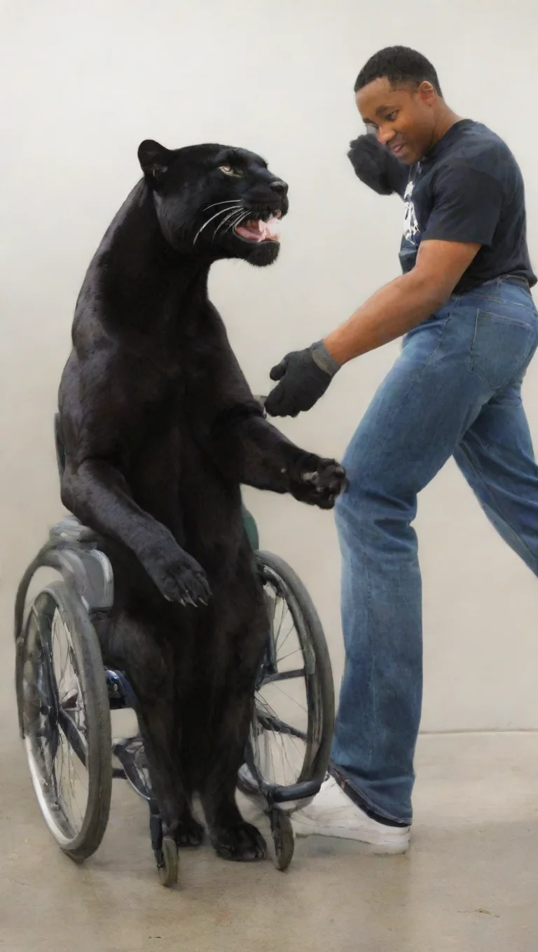 artstation art panther in wheelchair high fiving standing panther confident engaging wow 3 tall