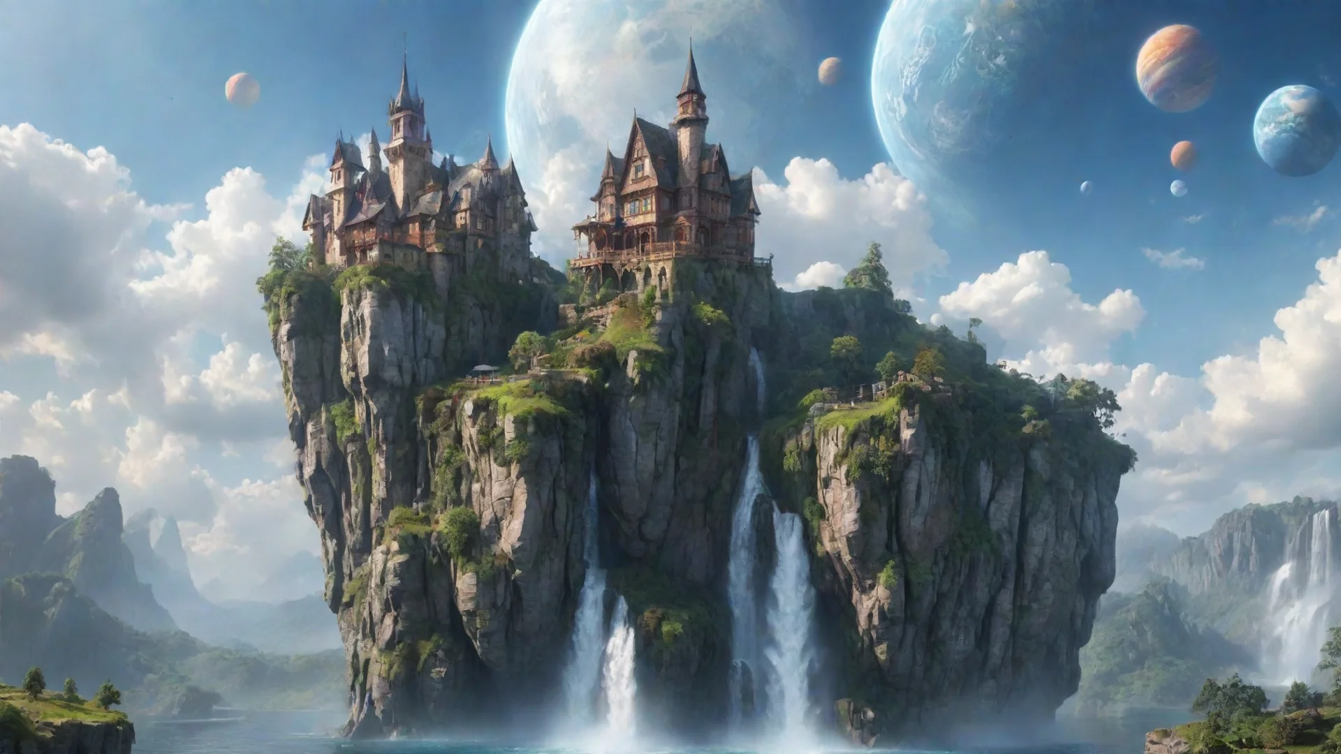 aiartstation art peaceful cottage in sky epic floating castle on floating cliffs with waterfalls down beautiful sky with planets confident engaging wow 3 wide