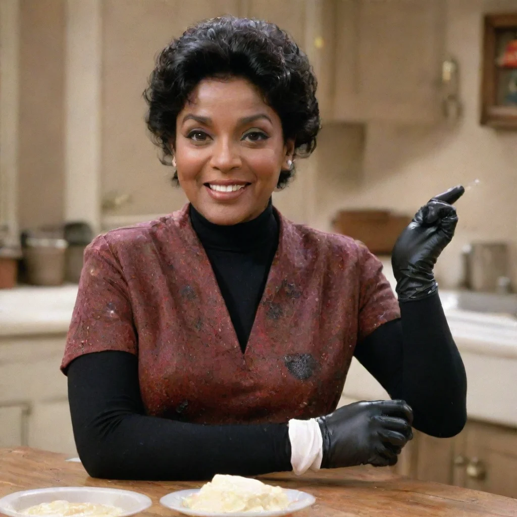 artstation art phylicia rashad as clair huxtable from the cosby show smiling  with black nice nitrile gloves and gun and mayonnaise splattered everywhere confident engaging wow 3