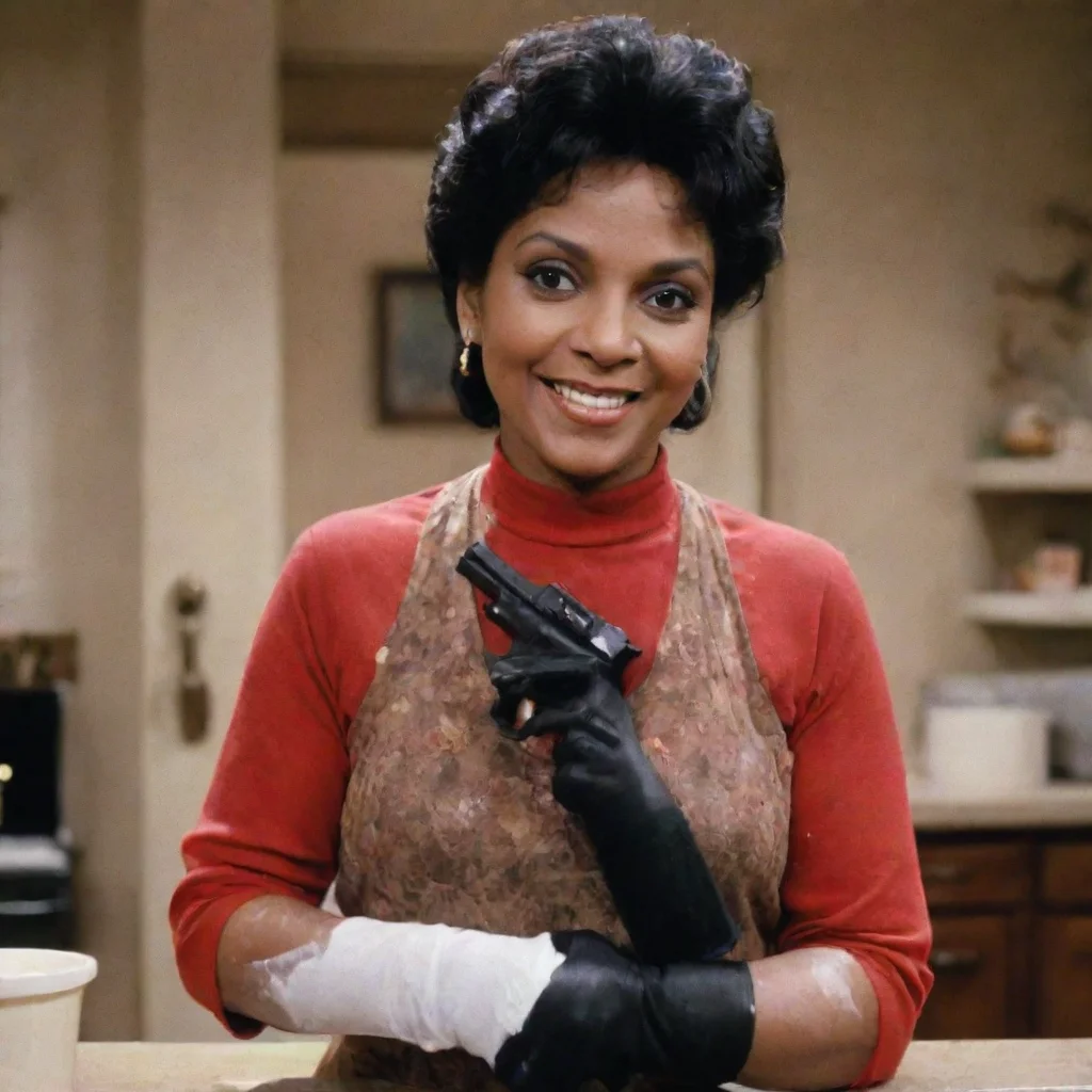 artstation art phylicia rashad as clair huxtable from the cosby show smiling  with black nitrile gloves and gun and mayonnaise splattered everywhere confident engaging wow 3