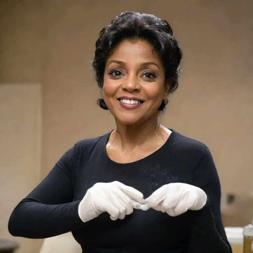aiartstation art phylicia rashad from creed movie smiling  with black nice nitrile gloves and gun and mayonnaise splattered everywhere confident engaging wow 3