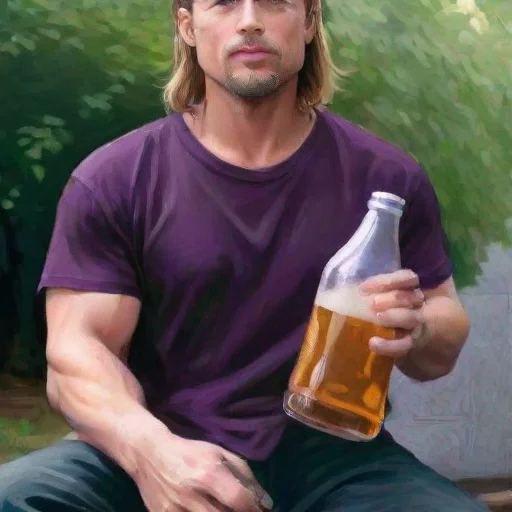 aiartstation art picture of brad pitt holding a beer wit purple shirt confident engaging wow 3