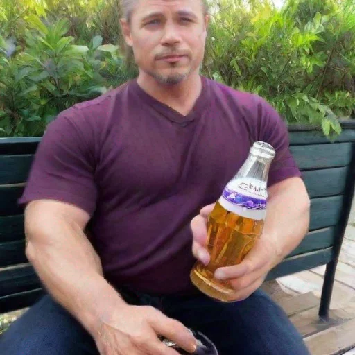 aiartstation art picture of brad pitt holding a beer with a purple shirt confident engaging wow 3