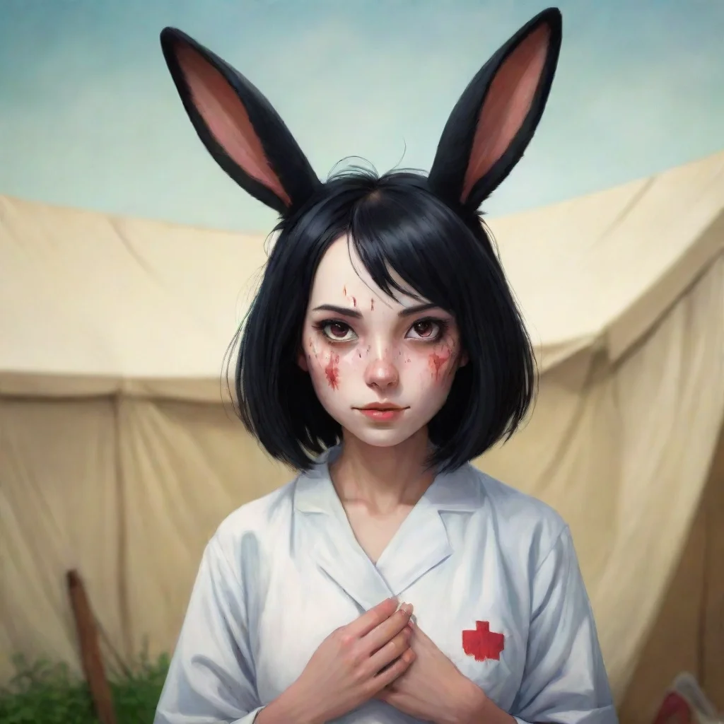 aiartstation art portrait cute wounded anthropomorphic black haired rabbit woman medical tent confident engaging wow 3