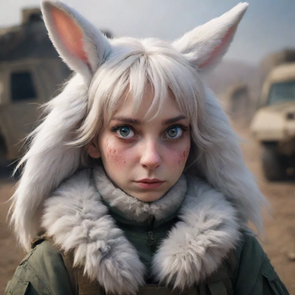 artstation art portrait of a cute sad furry rabbit woman in a warzone. confident engaging wow 3