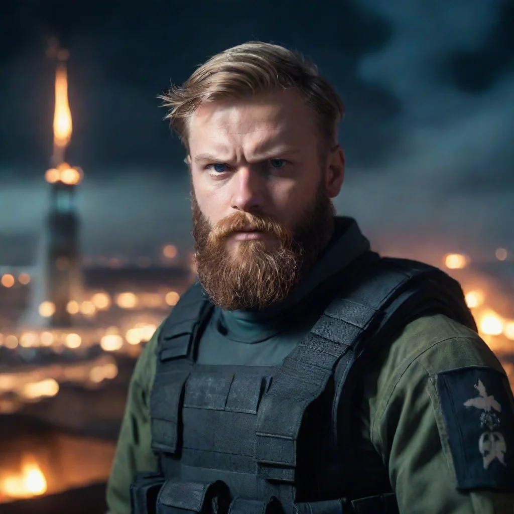 aiartstation art portrait of a young angry bearded swedish space soldier staring at viewer burning city in background nighttime confident engaging wow 3